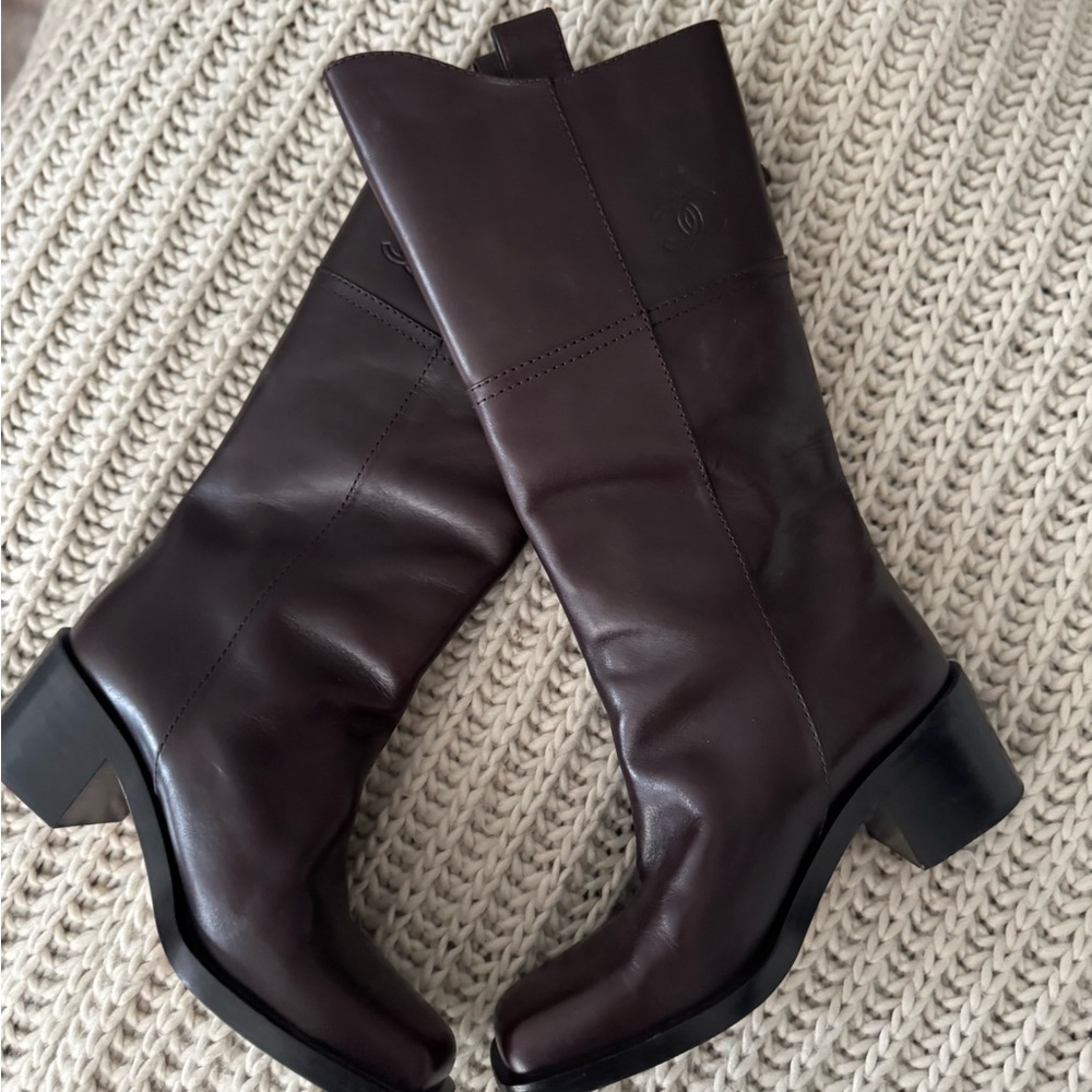 Chanel 14A Square-Toe Dark Brown Leather Boots